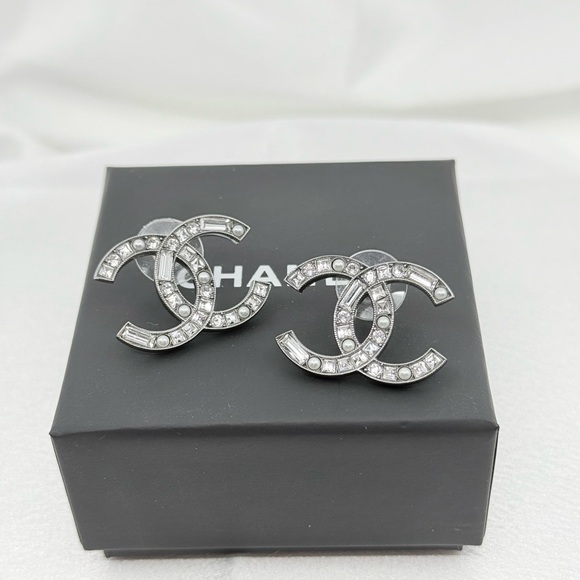 Large Chanel Statement Silver Crystal CC Earrings